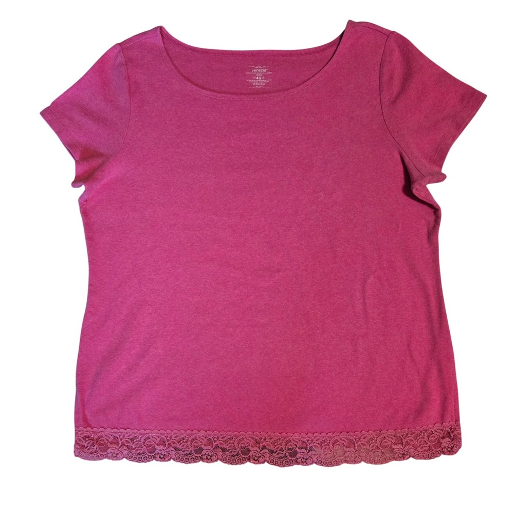 Venezia Women's Cotton Pink Lace Trim Short Sleeve Scoop Neck Top Size 18/20